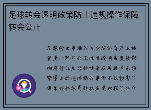 足球转会透明政策防止违规操作保障转会公正